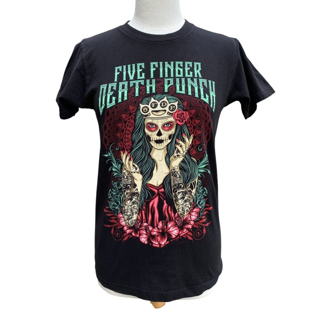 Five Finger Death Punch Skeleton Lady Sugar Skull Tee Brass Knuckle Crown Goth-M